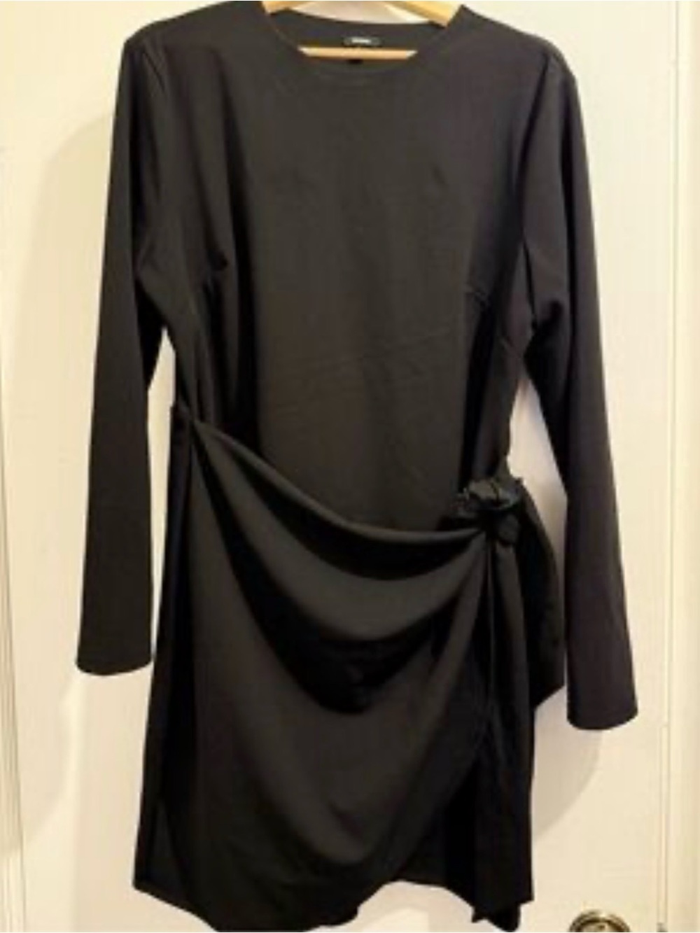 Express Black Long-Sleeve Draped Knot Dress